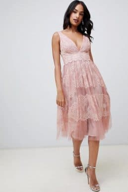 ASOS DESIGN midi dress in mesh with delicate lace panels pink blush