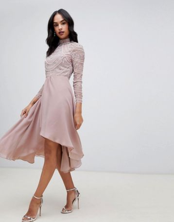 ASOS DESIGN midi dress with long sleeve embellished bodice mink