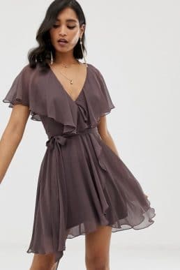 ASOS DESIGN mini dress with cape back and dipped hem, Dusty Purple