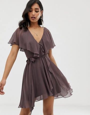 ASOS DESIGN mini dress with cape back and dipped hem, Dusty Purple