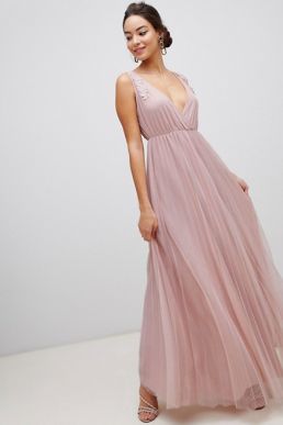 ASOS DESIGN Pleated Tulle Maxi Dress with Applique Lace Trim Blush Pink