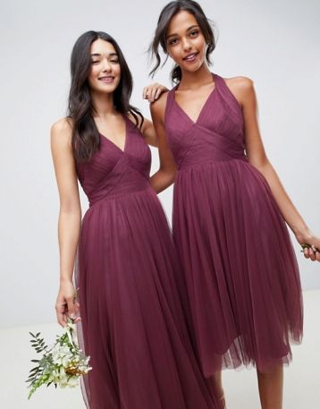 ASOS DESIGN soft tulle midi bridesmaid dress, dark pink/winter berry - Image 2