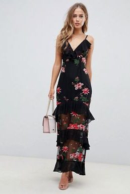 ASOS DESIGN tiered maxi dress with floral embroidery Black Multi