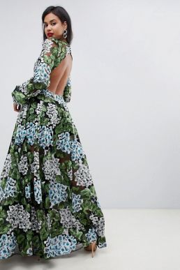 ASOS EDITION embroidered maxi with blouson sleeve & open back Green Blue