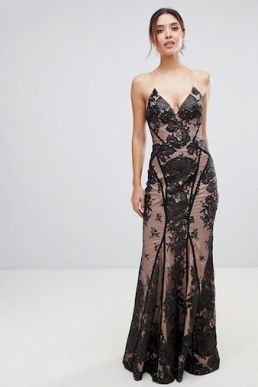 Bariano all over lace cami maxi dress with strappy back black Nude