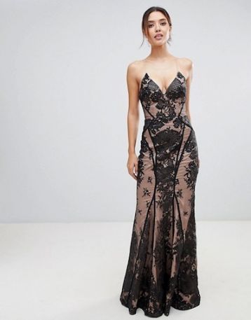 Bariano all over lace cami maxi dress with strappy back black Nude