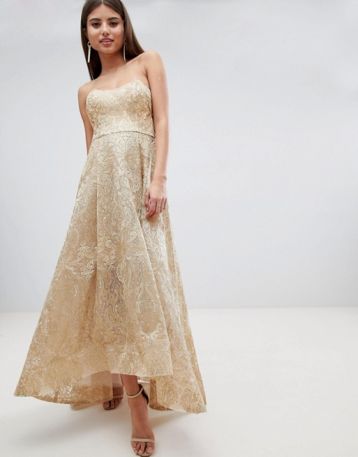 Bariano High Low Bandeau Maxi Dress In Metallic Jacquard Gold