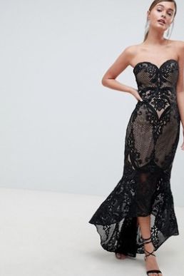 Bariano Sweetheart Fishtail Maxi Dress In Lace Black Nude