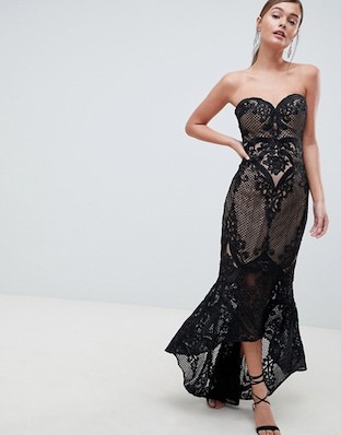 black lace fishtail maxi dress