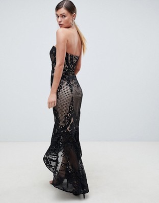 Bariano Sweetheart Fishtail Maxi Dress In Lace Black Nude