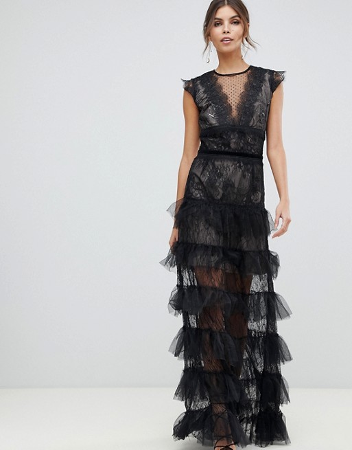 Bronx and Banco Lace Tulle Maxi Dress, Black - myonewedding.co.uk