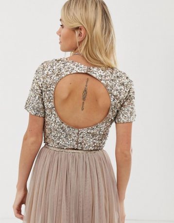 Lace & Beads cropped top with embellishment open back co-ord, Silver - Image 2