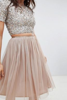 Lace & Beads tulle midi skirt in taupe pink