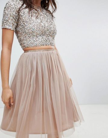 Lace & Beads tulle midi skirt in taupe pink