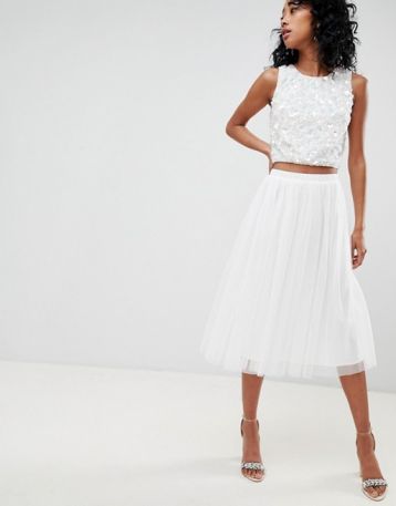 Lace & Beads tulle midi skirt white
