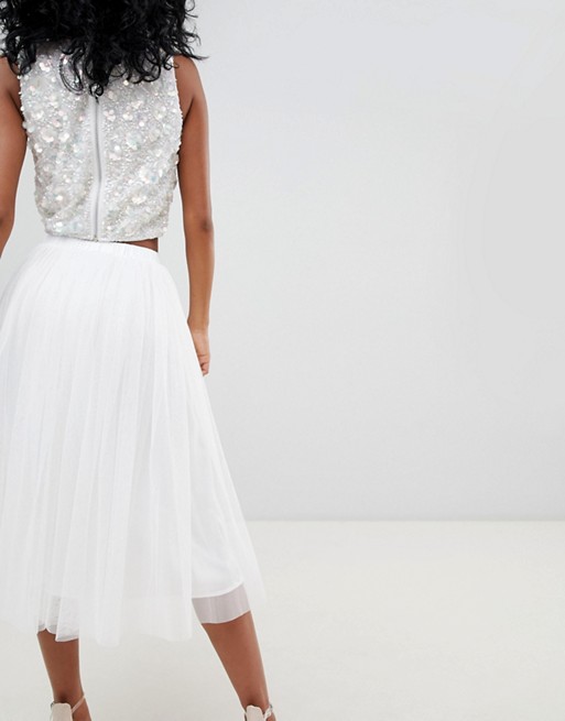 Lace & beads tulle midi skirt in taupe sale