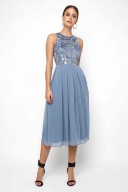 Lace & Beads Viva Embellished Sky Blue Midi Dress