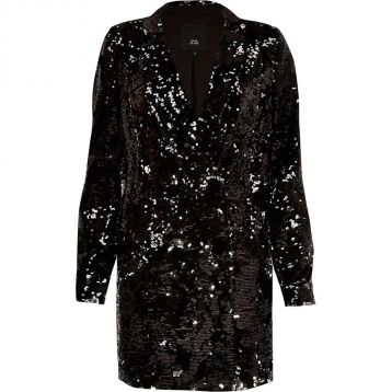 River Island Black velvet sequin tux dress