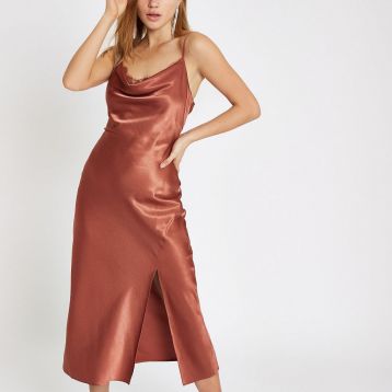 River Island Rust satin lace cowl neck maxi dress