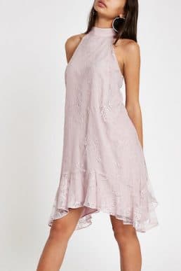 River Island Pink lace frill hem halter neck swing dress