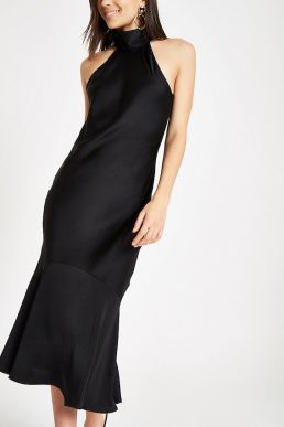 River Island Black high neck frill hem midi dress