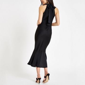 River Island Black high neck frill hem midi dress