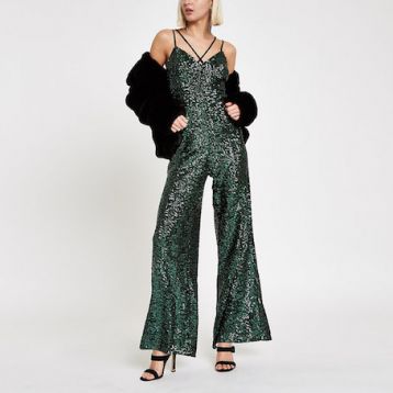 River Island Green sequin cami strap jumpsuit