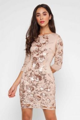 TFNC Paris Floral Multi Sequin Sleeve Shift Dress Blush Pink