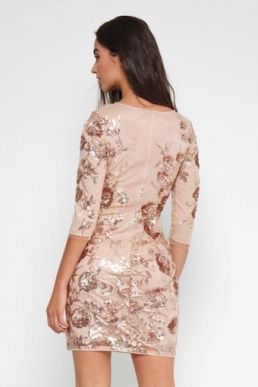 TFNC Paris Floral Multi Sequin Sleeve Shift Dress Blush Pink