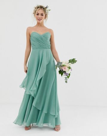 ASOS DESIGN Bridesmaid bandeau maxi dress with soft layer skirt sage green mint