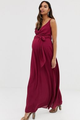 ASOS DESIGN Maternity cami wrap maxi dress with tie waist Burgundy