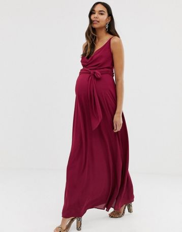 ASOS DESIGN Maternity cami wrap maxi dress with tie waist Burgundy