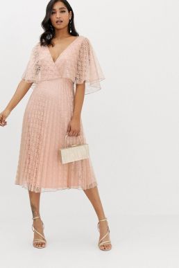 ASOS DESIGN midi dress flutter sleeve and pleat skirt in lace blush pink