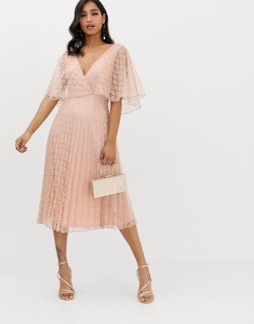ASOS DESIGN midi dress flutter sleeve and pleat skirt in lace blush pink