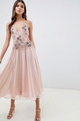 ASOS DESIGN midi dress with lace and embellished cami top blush pink