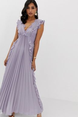 ASOS DESIGN pleated maxi dress with lace inserts and ruffle detail Lilac