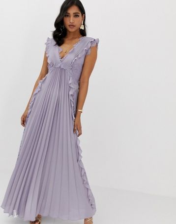 ASOS DESIGN pleated maxi dress with lace inserts and ruffle detail Lilac