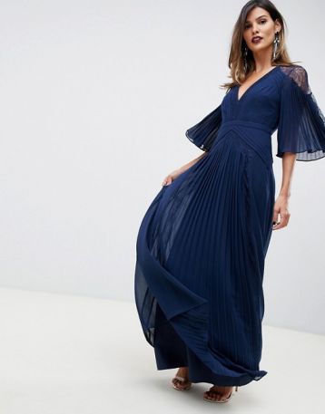 ASOS DESIGN pleated panelled flutter sleeve maxi dress with lace inserts Navy