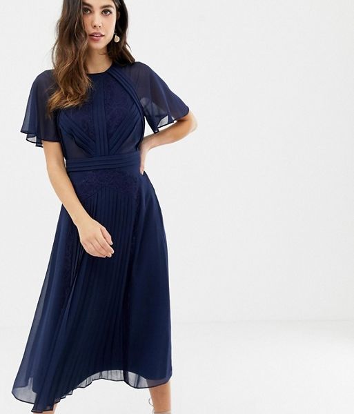 asos design pleated midi dress with lace inserts