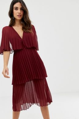 ASOS DESIGN Soft pleated tiered midi dress Burgundy Oxblood red