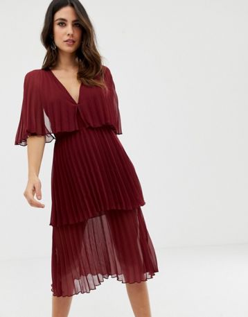 ASOS DESIGN Soft pleated tiered midi dress Burgundy Oxblood red