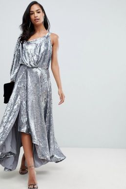 ASOS EDITION blouson one shoulder midi dress in holographic sequin Silver