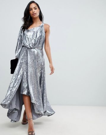 ASOS EDITION blouson one shoulder midi dress in holographic sequin Silver