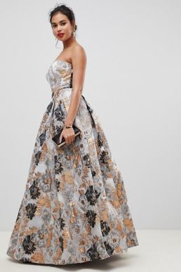 Bariano sweetheart bandeau ballgown in metallic jacquard Silver Gold