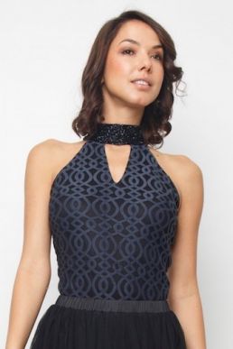 Lace & Beads Romeo Black Embellished Bodysuit Navy