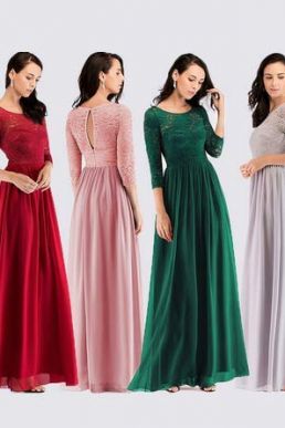 Ever Pretty 3/4 Lace Sleeve Maxi Chiffon Bridesmaid Dress, Burgundy EZ07680