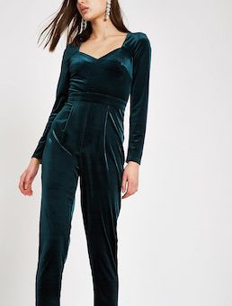 River Island Dark green long sleeve velvet jumpsuit