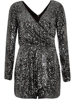 River Island Dark grey sequin wrap front playsuit