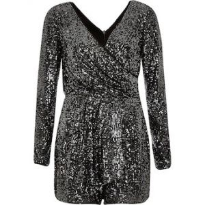 River Island Dark grey sequin wrap front playsuit