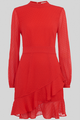 Whistles High Neck Dobby Frill Dress Bright Red